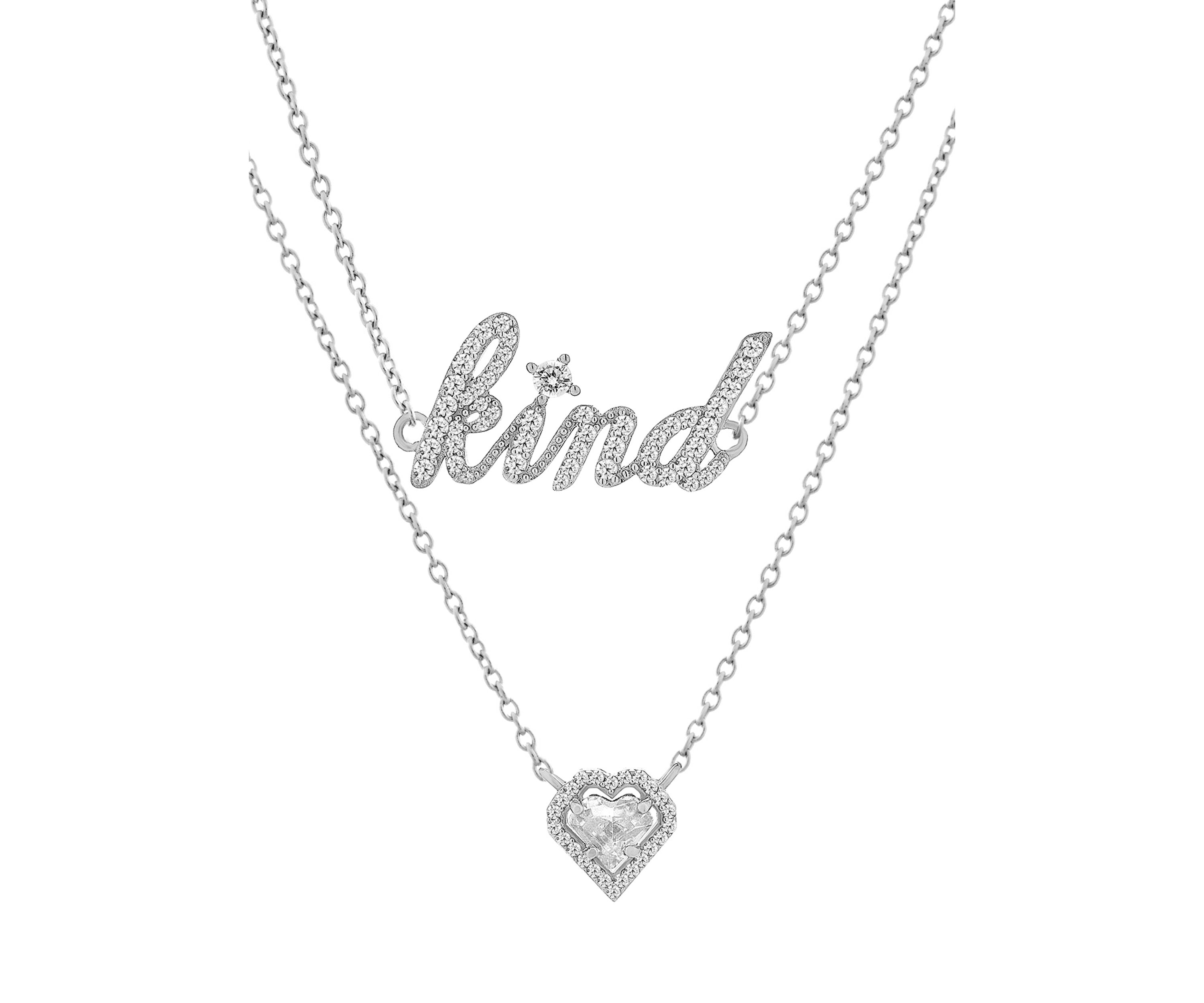 White Cubic Zirconia Heart and "Kind" Layered Necklace in Sterling Silver