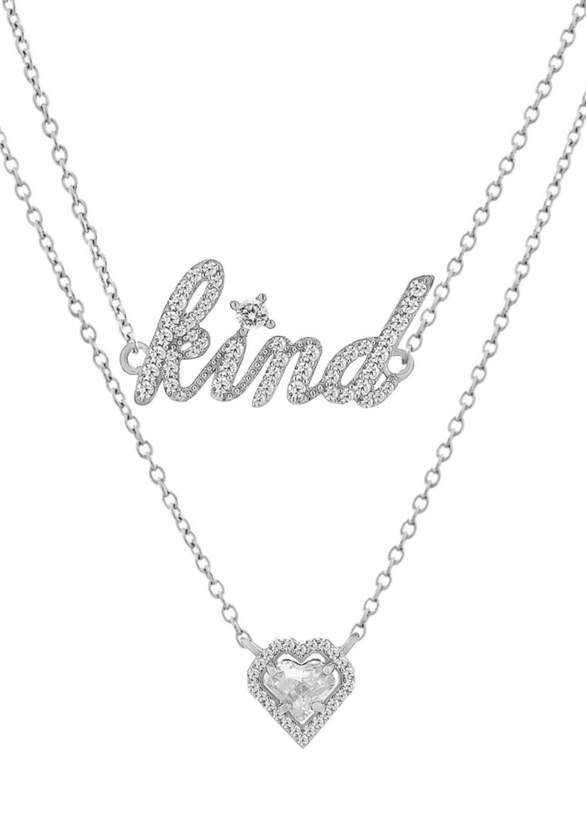 White Cubic Zirconia Heart and "Kind" Layered Necklace in Sterling Silver