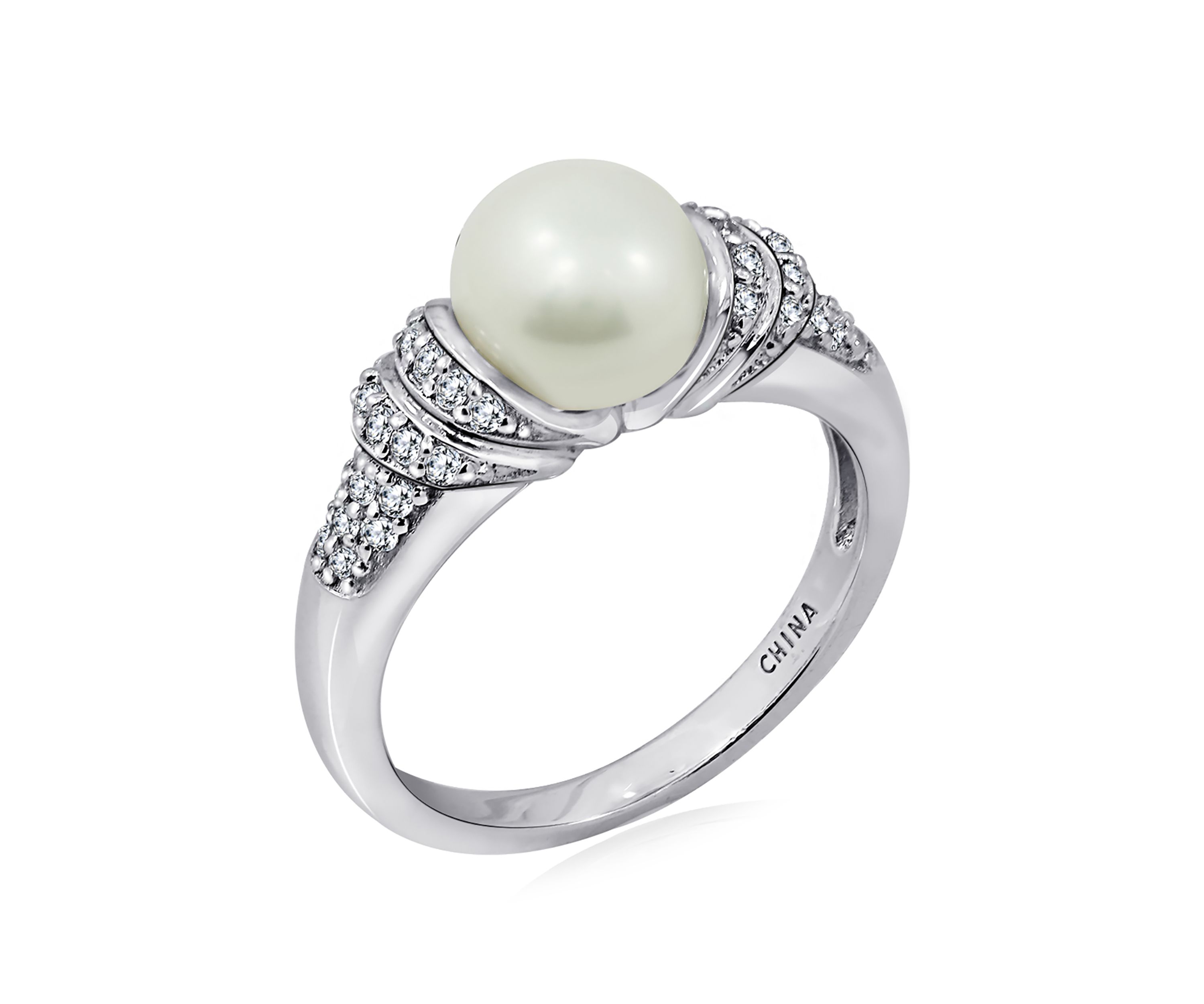 Platinum Plated Sterling Silver Cubic Zirconia Freshwater Cultured Pearl Ring