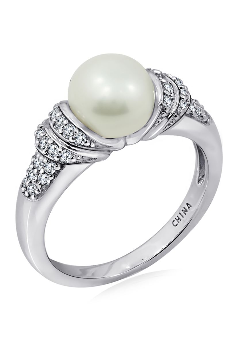 Platinum Plated Sterling Silver Cubic Zirconia Freshwater Cultured Pearl Ring