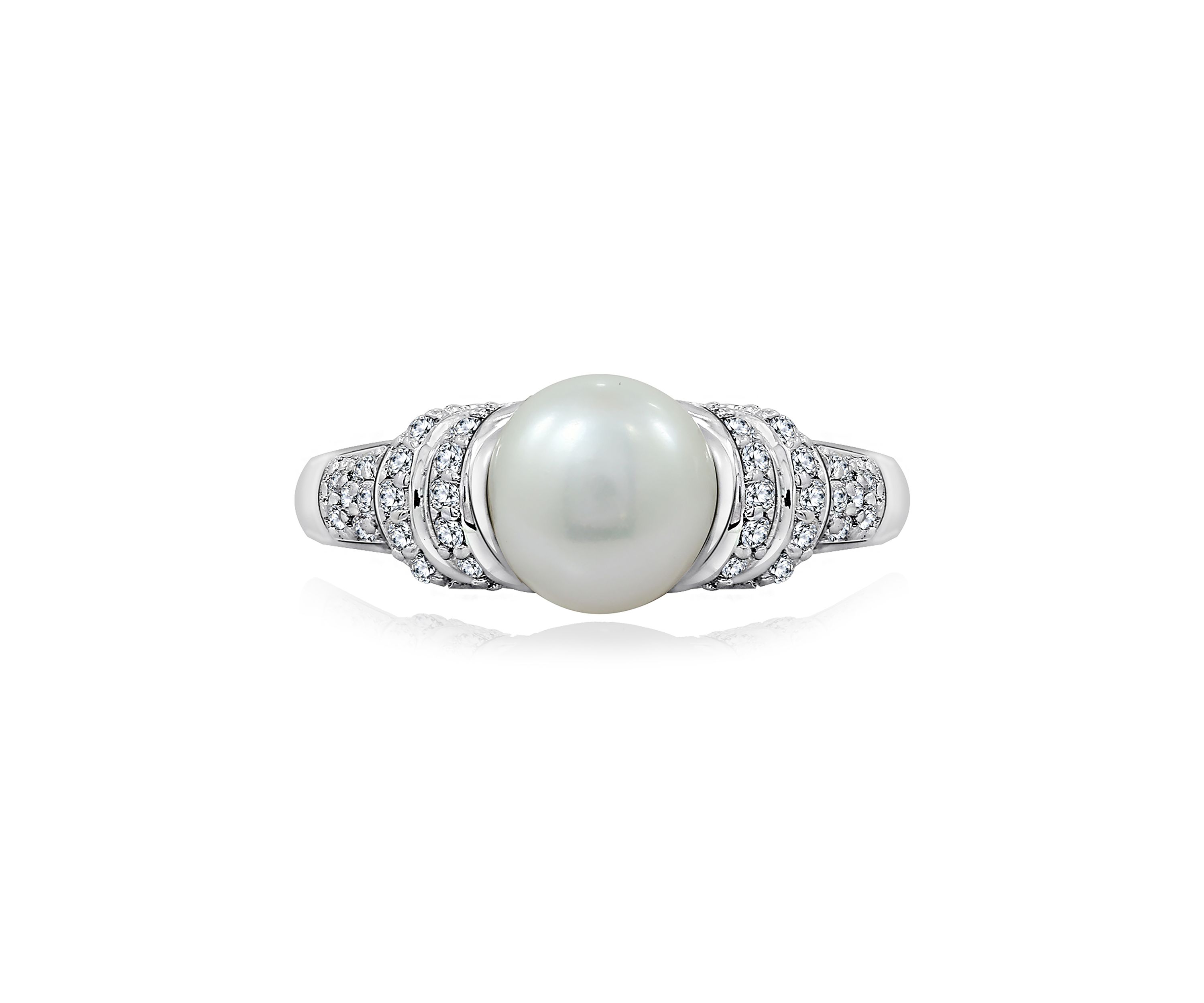 Platinum Plated Sterling Silver Cubic Zirconia Freshwater Cultured Pearl Ring