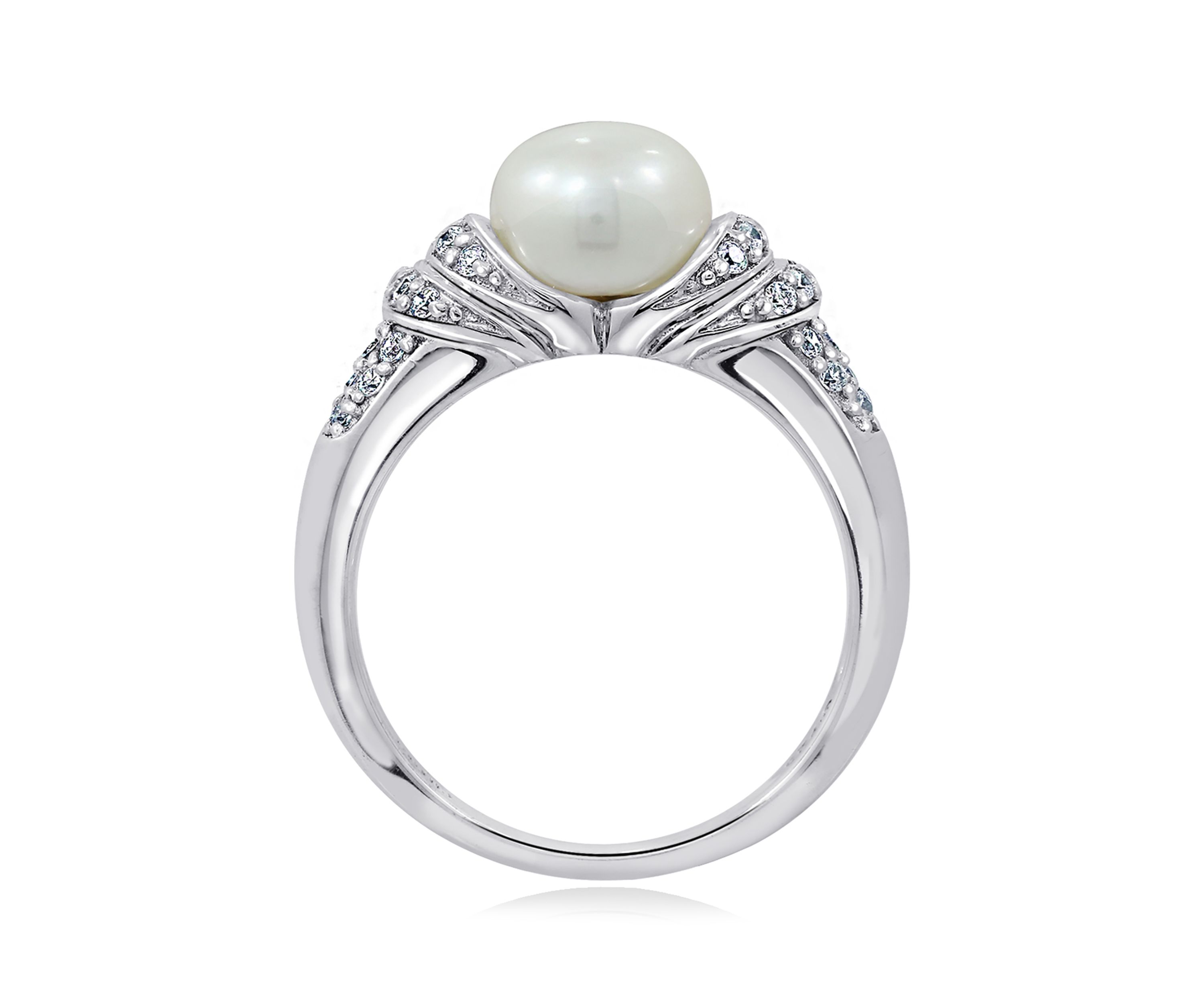 Platinum Plated Sterling Silver Cubic Zirconia Freshwater Cultured Pearl Ring