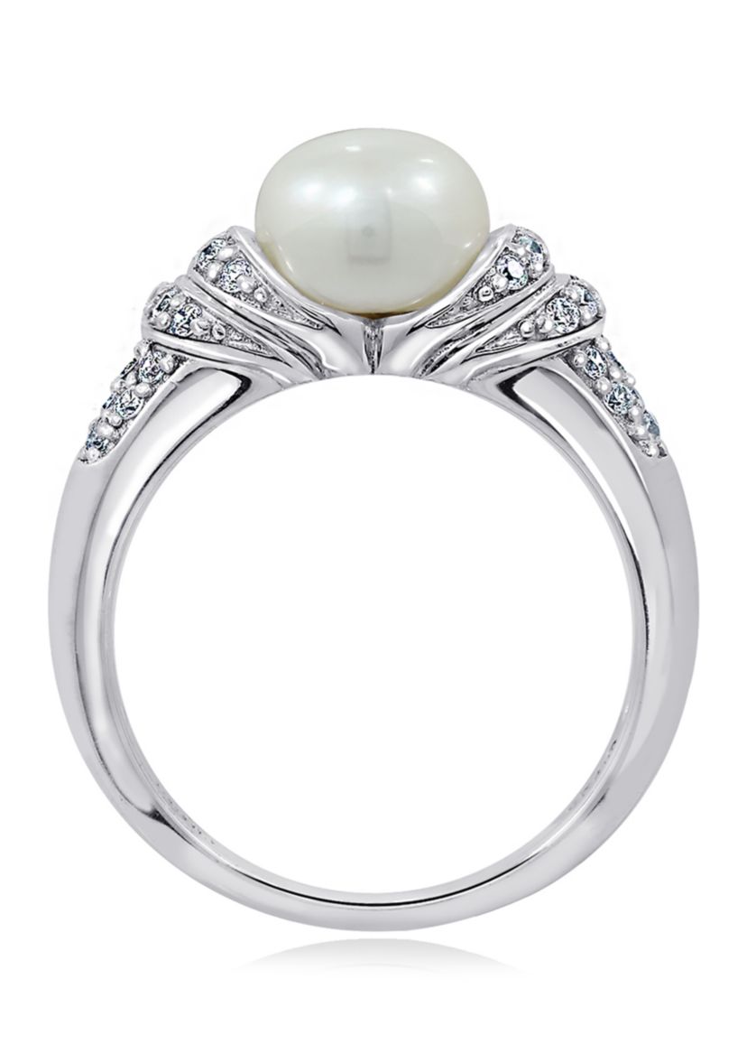 Platinum Plated Sterling Silver Cubic Zirconia Freshwater Cultured Pearl Ring