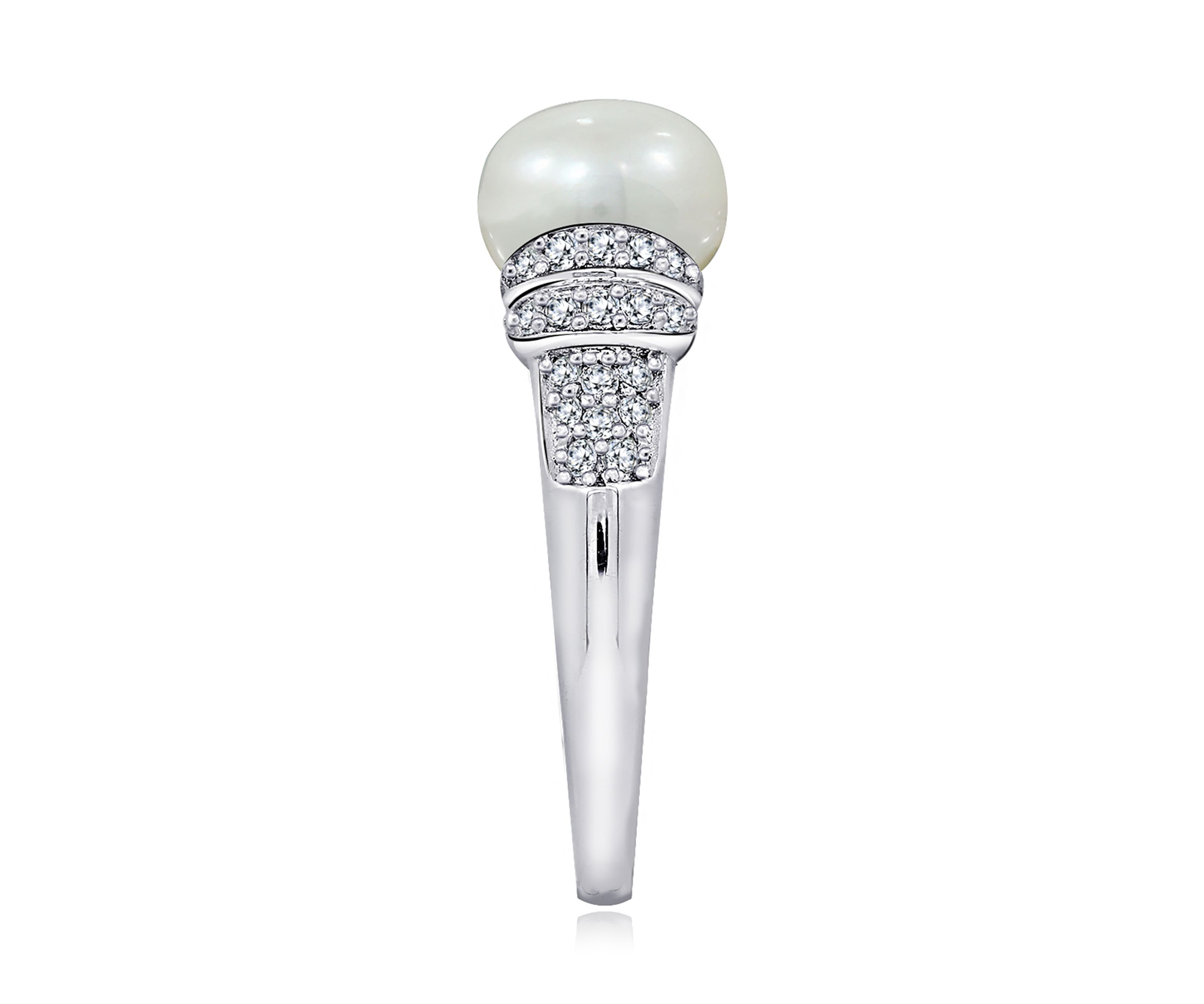 Platinum Plated Sterling Silver Cubic Zirconia Freshwater Cultured Pearl Ring