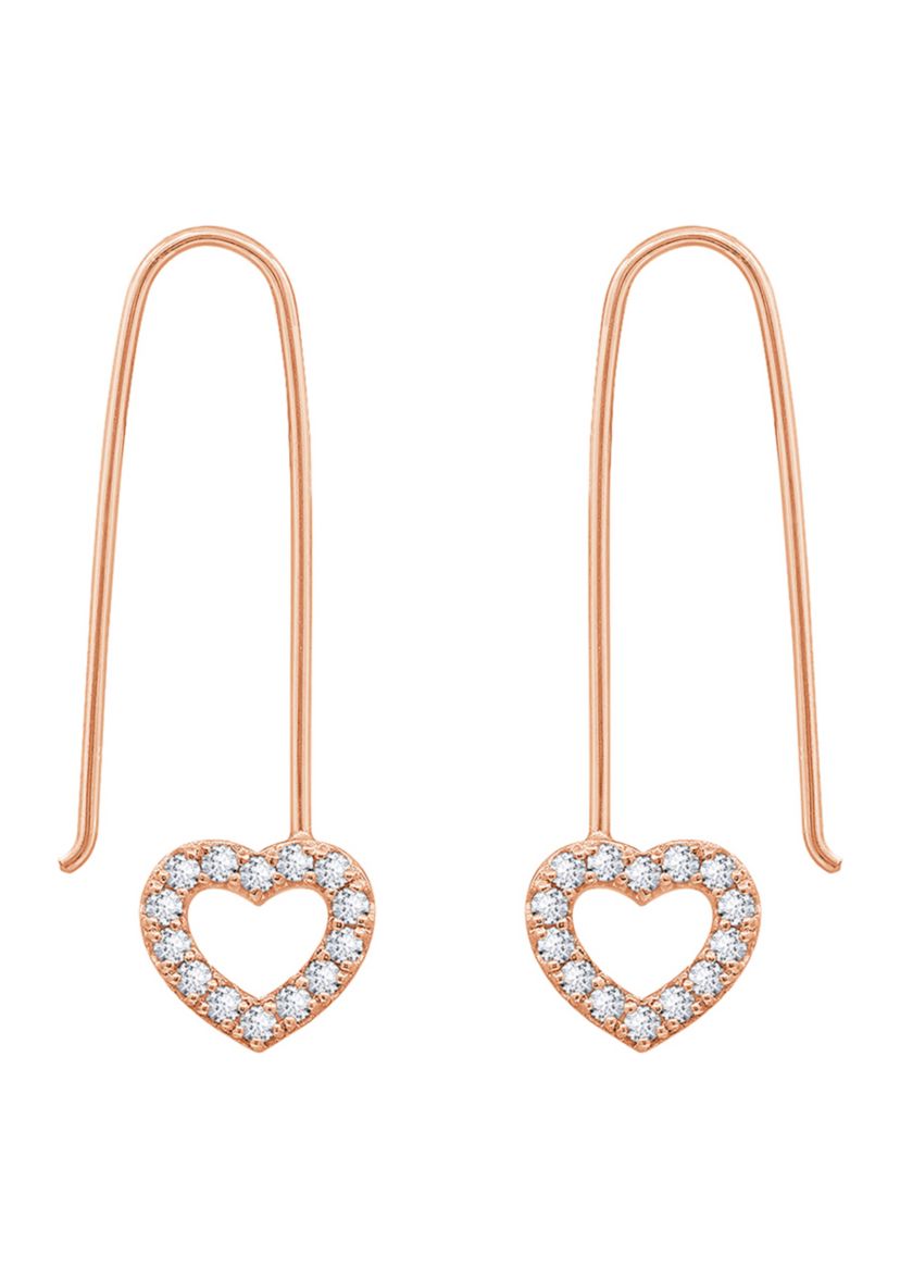 Sterling Silver 1/2 ct. t.w. Cubic Zirconia Pavé  Heart Dangle Open Hoop Earrings