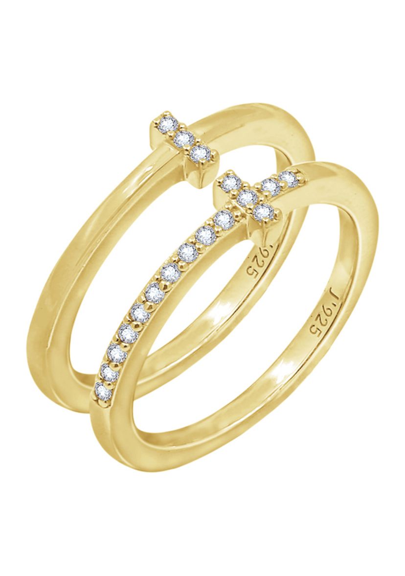 Yellow Gold Plated Sterling Silver Round 1/4 ct. t.w. Cubic Zirconia Set of 2 Stackable Rings 