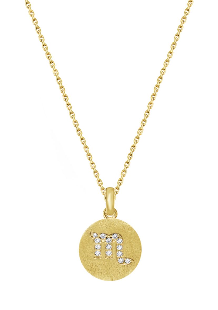 Yellow Gold Plated Sterling Silver Pavé  Zodiac Disc Pendant Necklace, 16 in + 2 in Extender