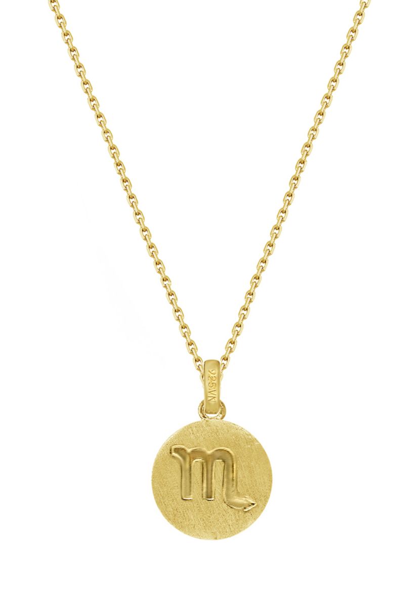 Yellow Gold Plated Sterling Silver Pavé  Zodiac Disc Pendant Necklace, 16 in + 2 in Extender