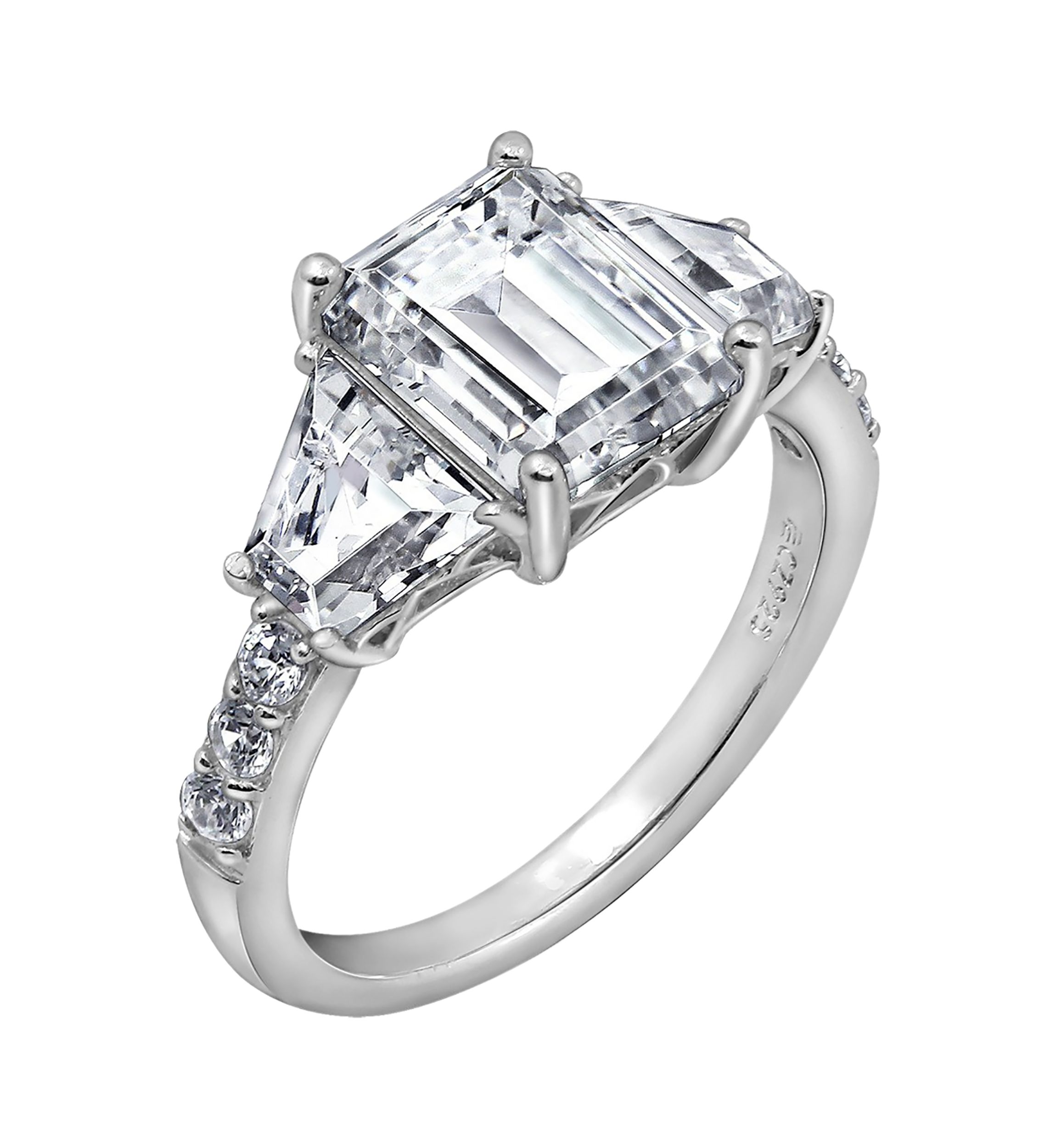 Sterling Silver Cubic Zirconia Emerald & Trapeze Cut Ring