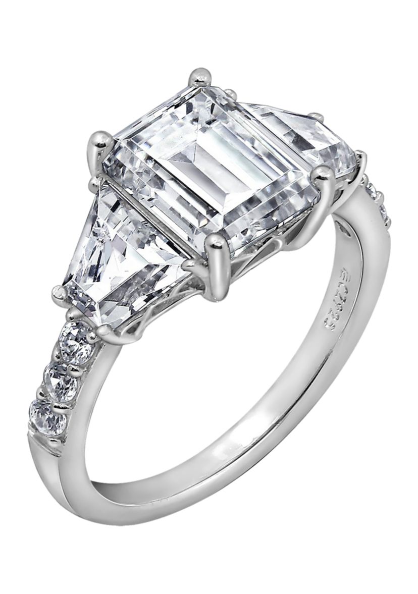 Sterling Silver Cubic Zirconia Emerald & Trapeze Cut Ring