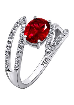 KIERA Rhodium Plated Sterling Silver Cubic Zirconia and Created Ruby PavÃ© Petal Cross Over Ring, 6 -  0191962263968