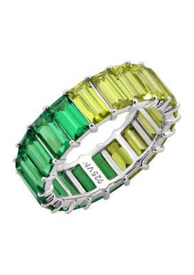 Rhodium Plated Sterling Silver Multicolored Princess Baguette Eternity Band Ring