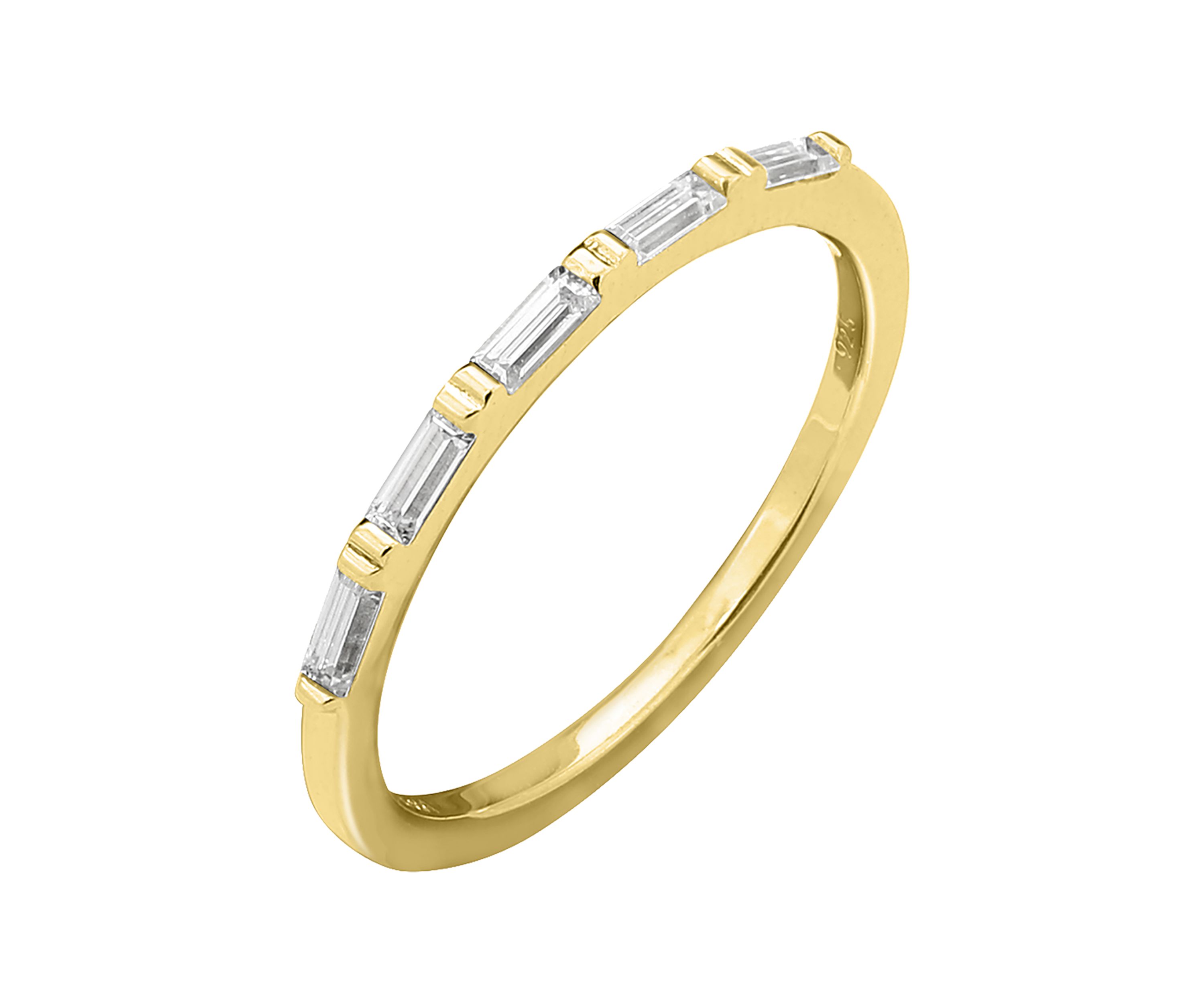 Yellow Gold Plated Sterling Silver Cubic Zirconia White Baguette Cut Wavy Stackable Ring