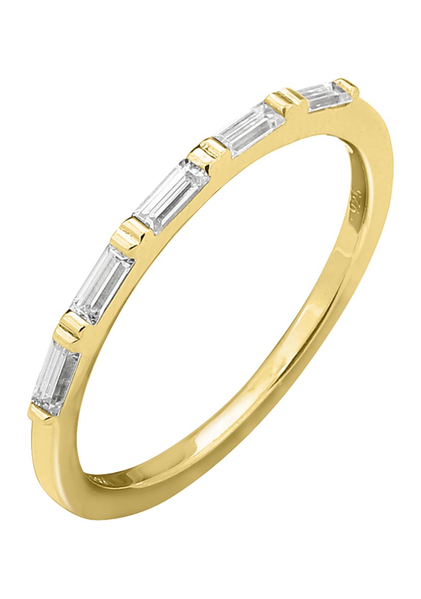 Yellow Gold Plated Sterling Silver Cubic Zirconia White Baguette Cut Wavy Stackable Ring