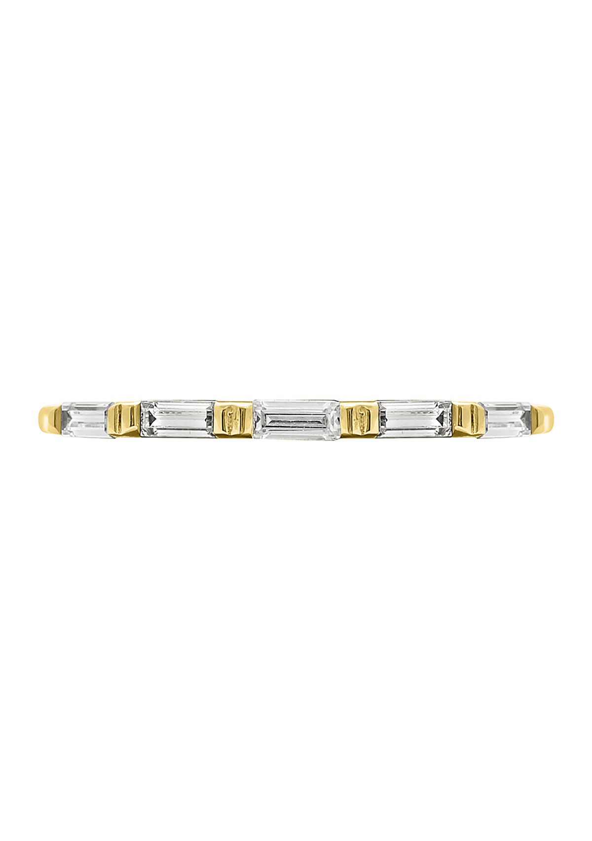 Yellow Gold Plated Sterling Silver Cubic Zirconia White Baguette Cut Wavy Stackable Ring