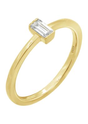 KIERA Yellow Gold Plated Sterling Silver Cubic Zirconia White Baguette Cut Solitaire Daity Ring