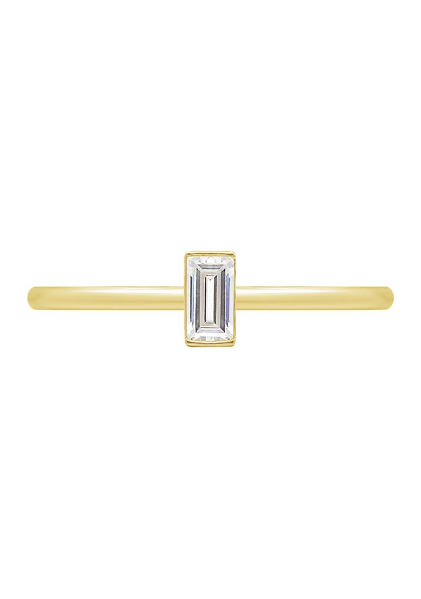Yellow Gold Plated Sterling Silver Cubic Zirconia White Baguette Cut Solitaire Daity Ring