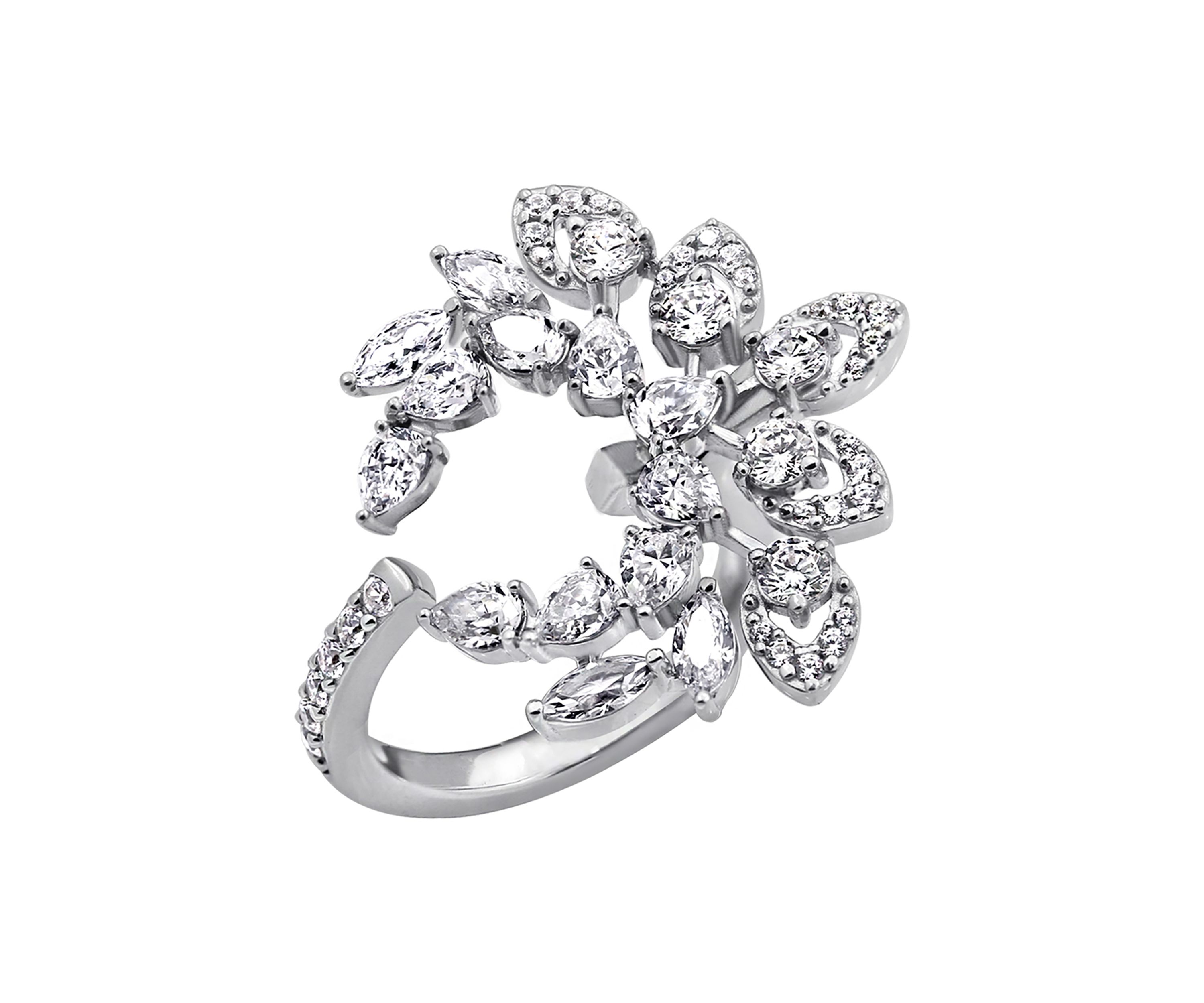 Platinum Plated Sterling Silver Cubic Zirconia Laurel Wreath Open Ring