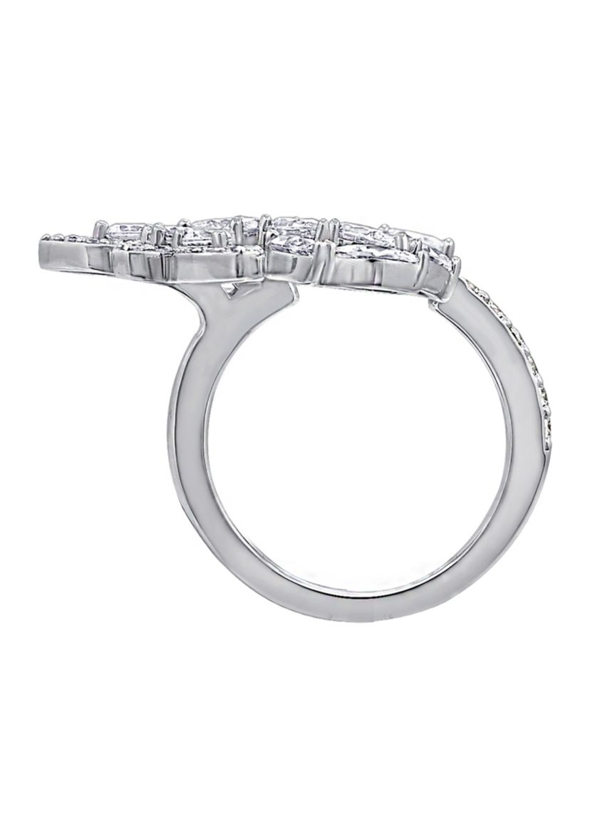 Platinum Plated Sterling Silver Cubic Zirconia Laurel Wreath Open Ring