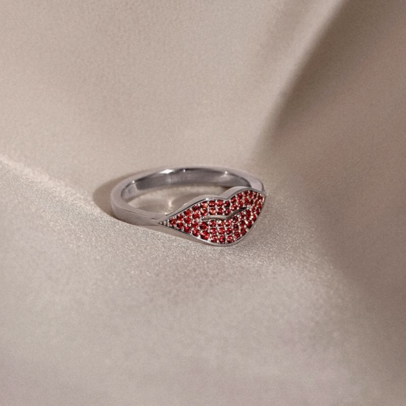 Lab Created Platinum Plated Sterling Silver Ruby Red Lip Ring