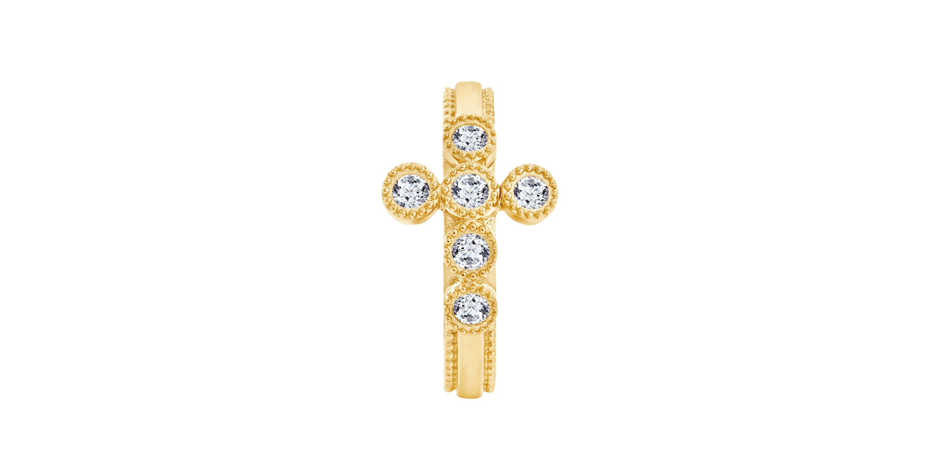 Lab Created 14K Yellow Gold Plated Sterling Silver Catholic Christian Clear Cubic Zirconia Scandinavian Cross Ring