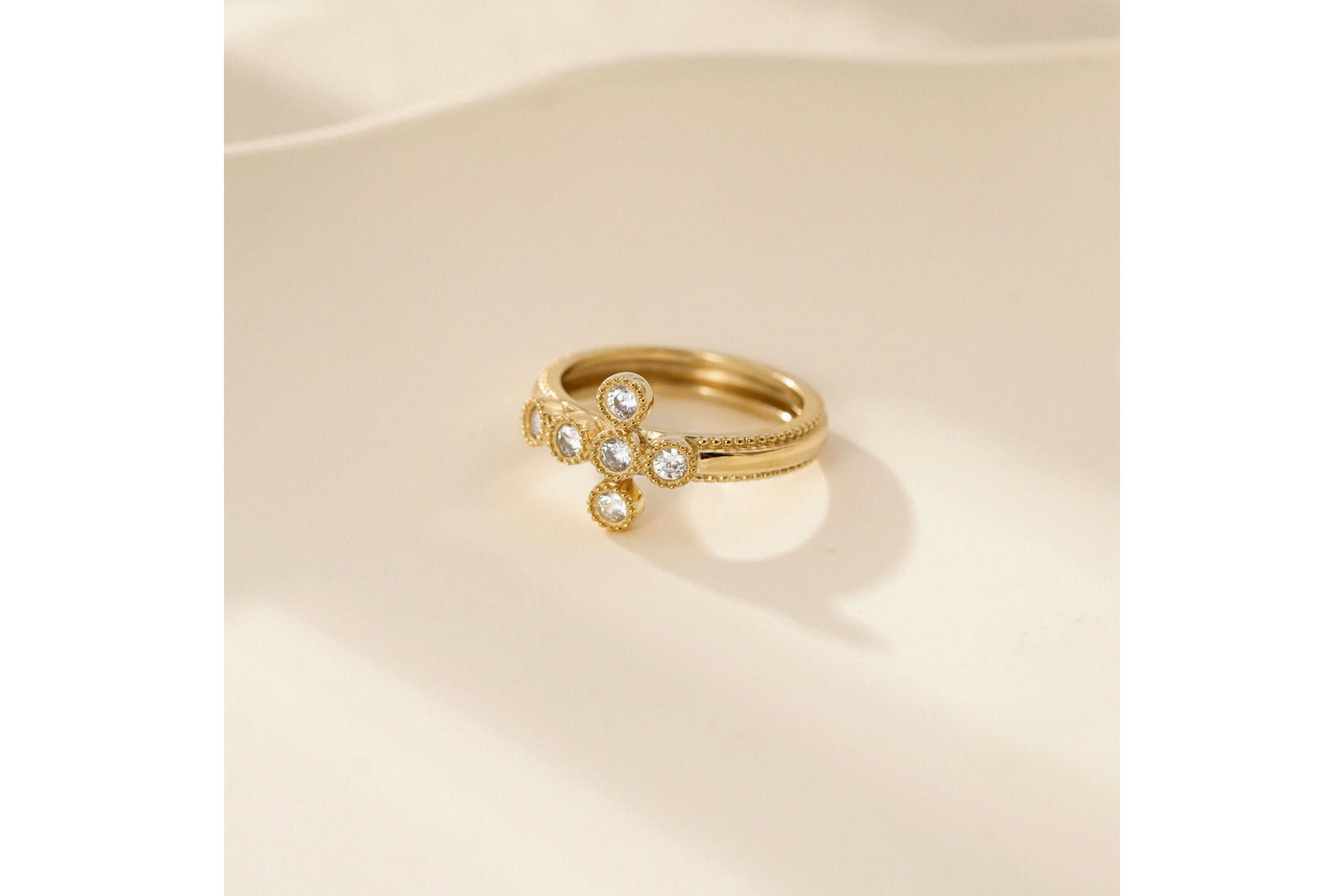 Lab Created 14K Yellow Gold Plated Sterling Silver Catholic Christian Clear Cubic Zirconia Scandinavian Cross Ring