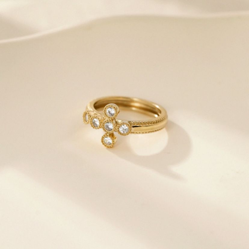 Lab Created 14K Yellow Gold Plated Sterling Silver Catholic Christian Clear Cubic Zirconia Scandinavian Cross Ring