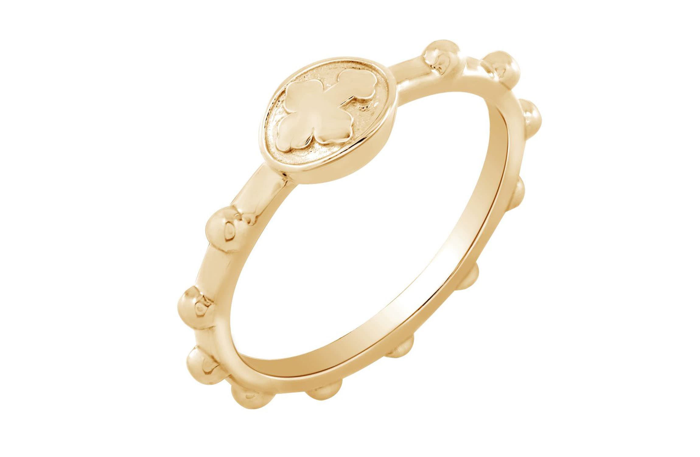 Lab Created 14K Yellow Gold Plated Sterling Silver Dainty Religious Cross Rosary Ring