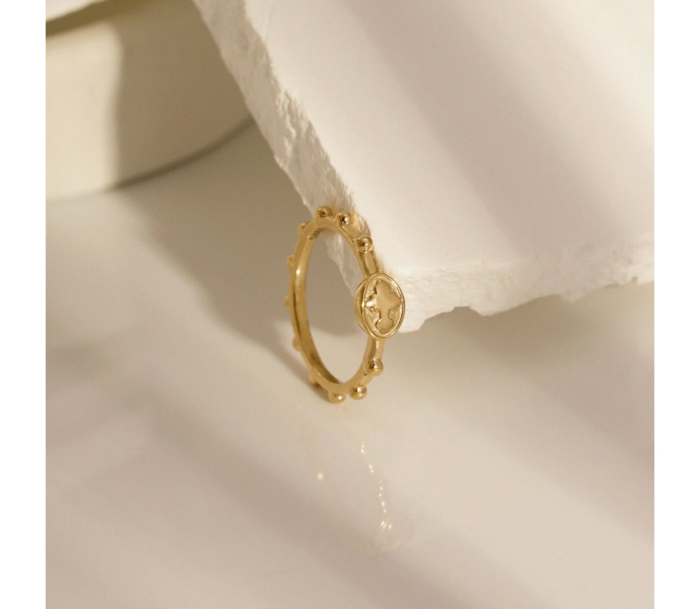 Lab Created 14K Yellow Gold Plated Sterling Silver Dainty Religious Cross Rosary Ring