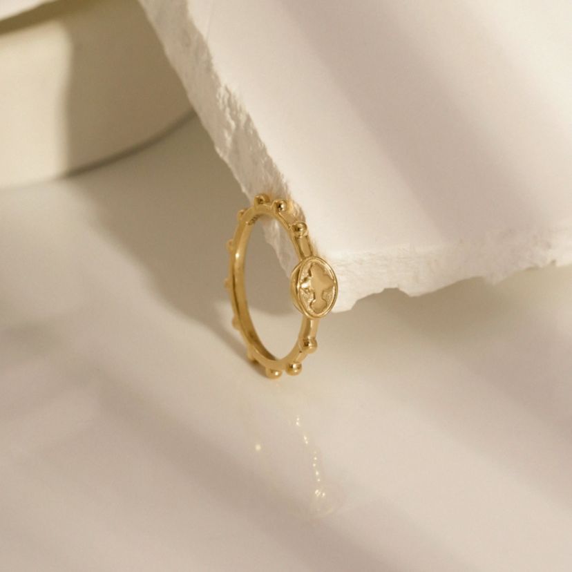 Lab Created 14K Yellow Gold Plated Sterling Silver Dainty Religious Cross Rosary Ring