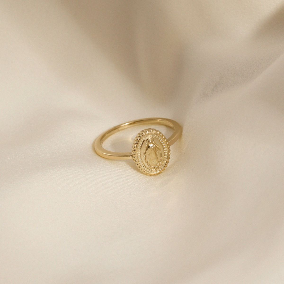Lab Created 14K Yellow Gold Plated Sterling Silver Dainty Religious Mother Mary Ring