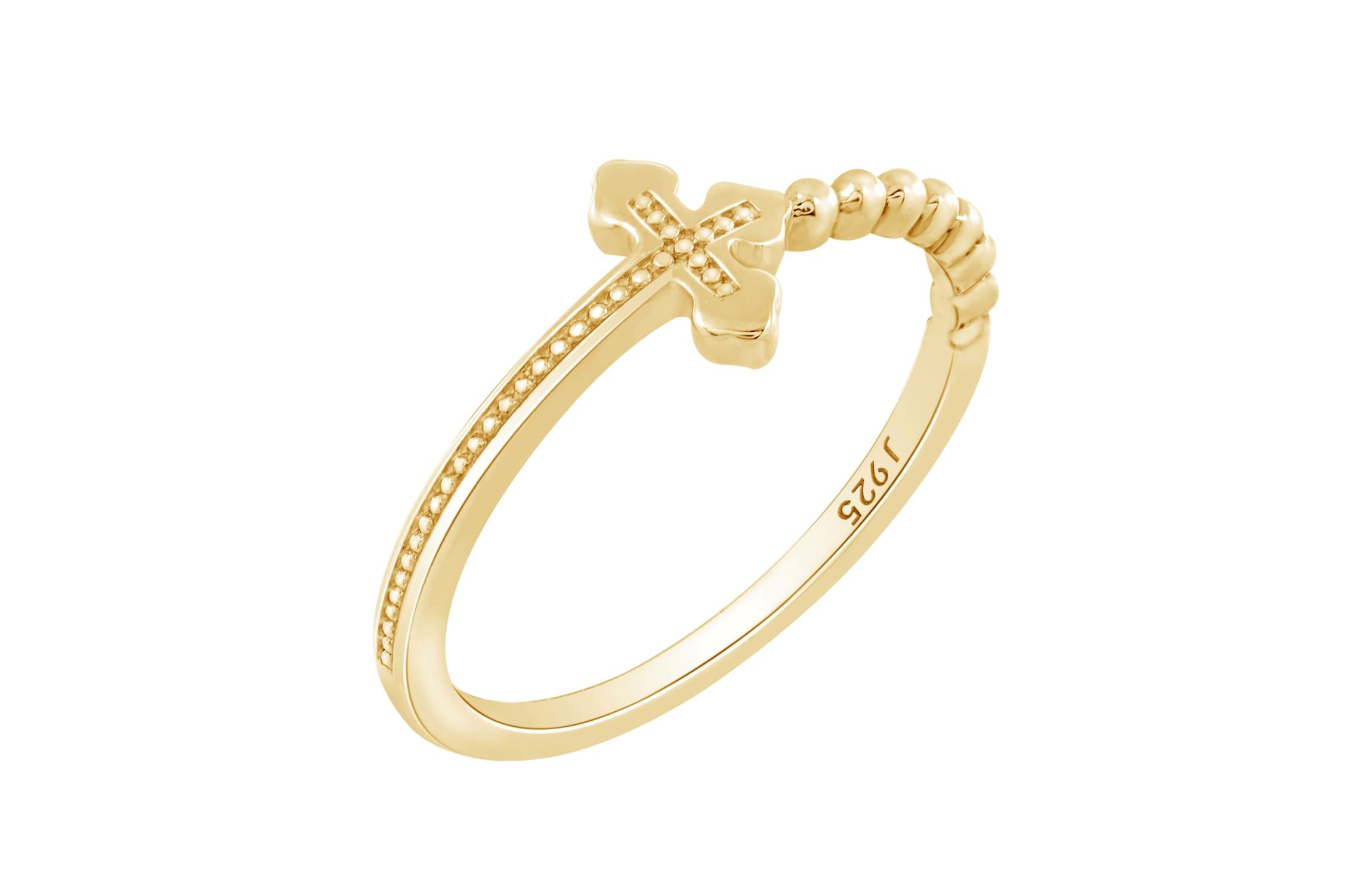Lab Created 14K Yellow Gold Plated Sterling Silver Dainty Religious Cross Beaded Ring