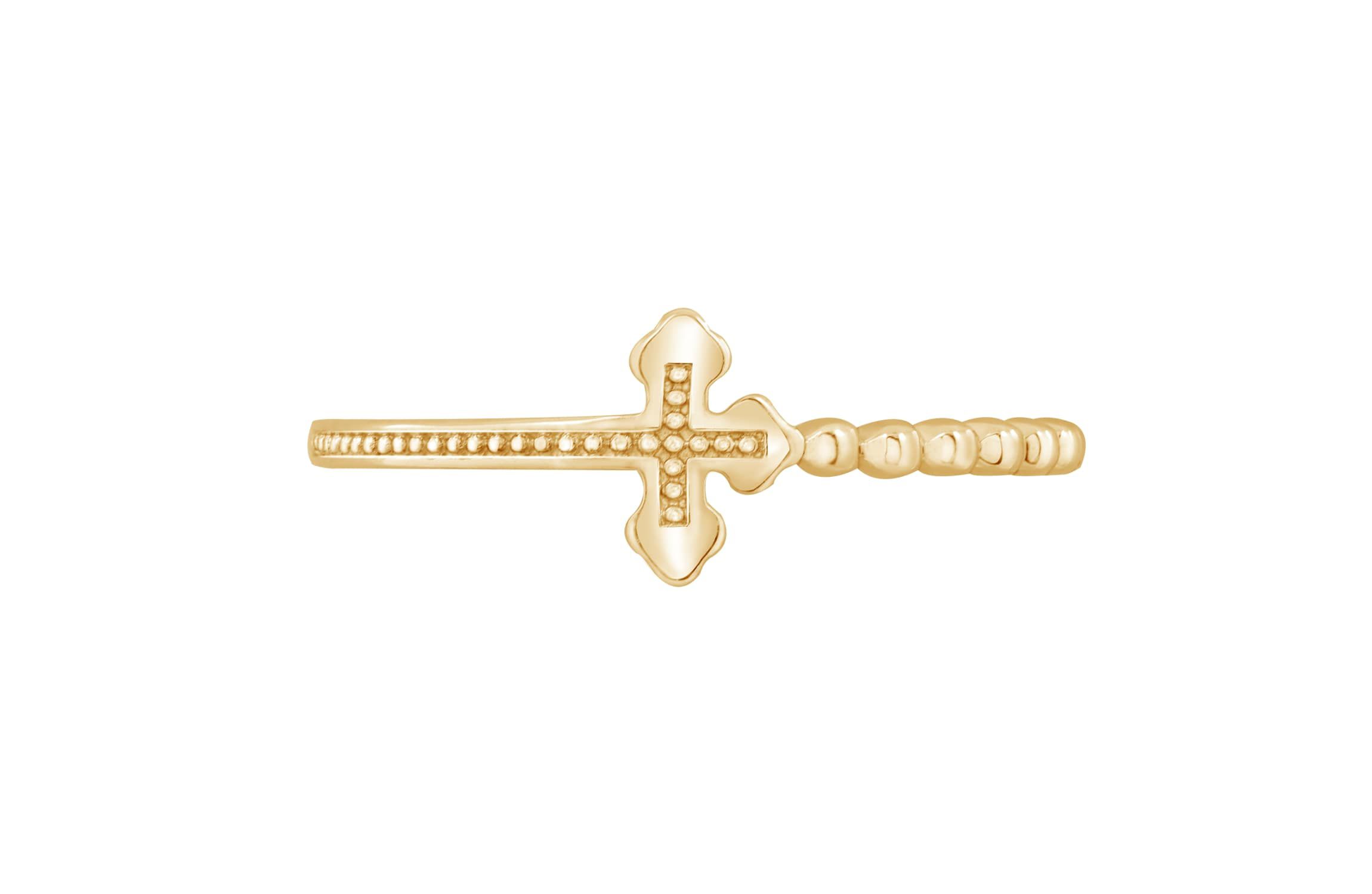 Lab Created 14K Yellow Gold Plated Sterling Silver Dainty Religious Cross Beaded Ring