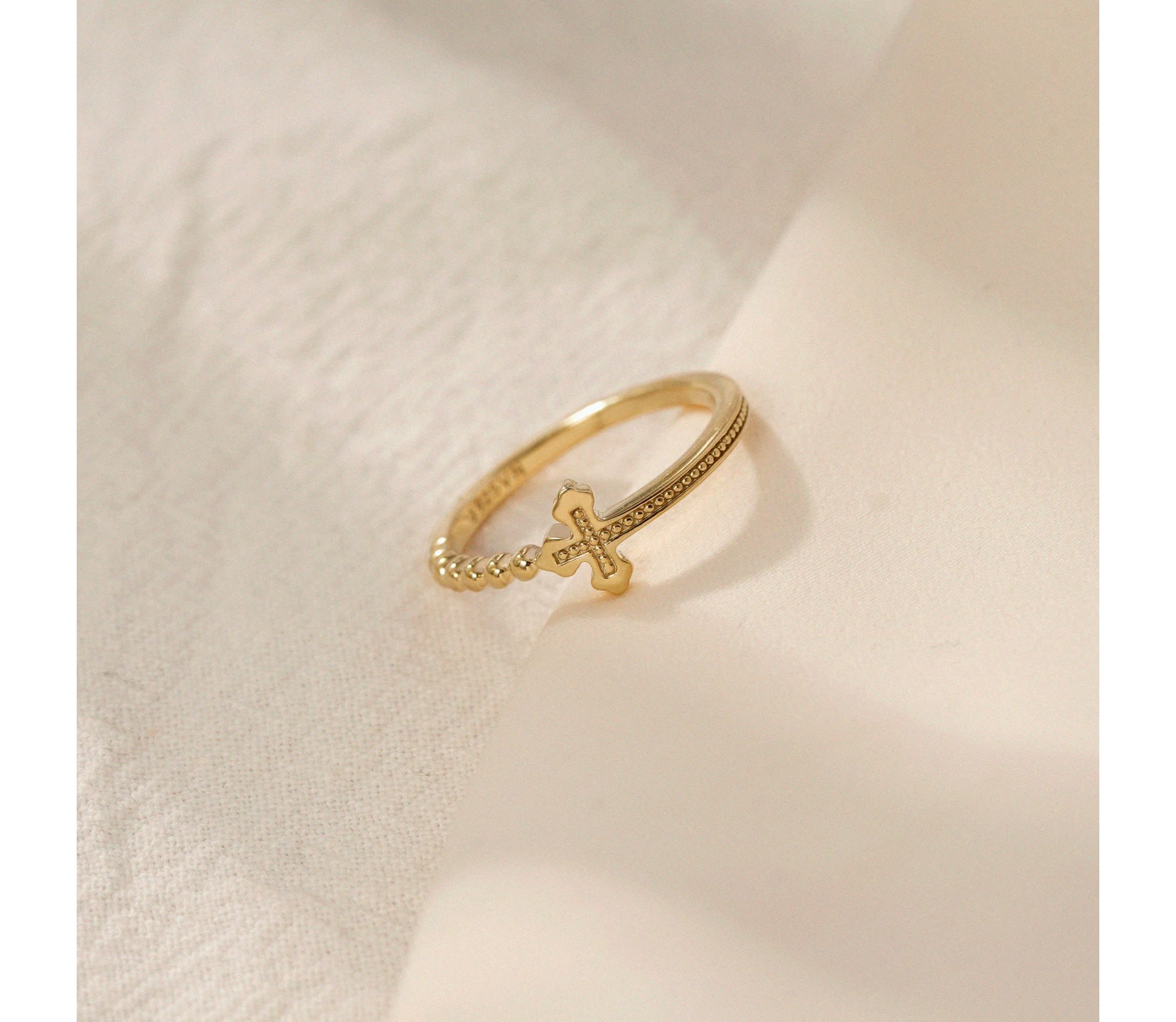 Lab Created 14K Yellow Gold Plated Sterling Silver Dainty Religious Cross Beaded Ring