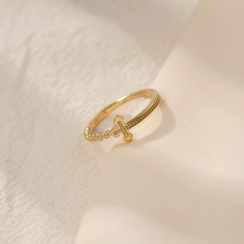 Lab Created 14K Yellow Gold Plated Sterling Silver Dainty Religious Cross Beaded Ring