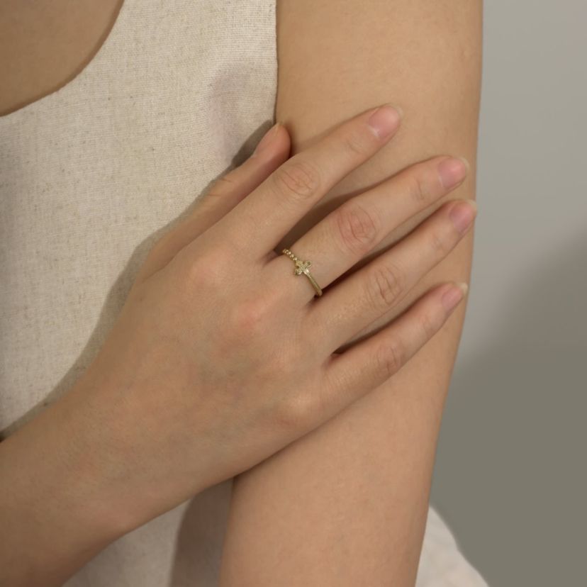 Lab Created 14K Yellow Gold Plated Sterling Silver Dainty Religious Cross Beaded Ring