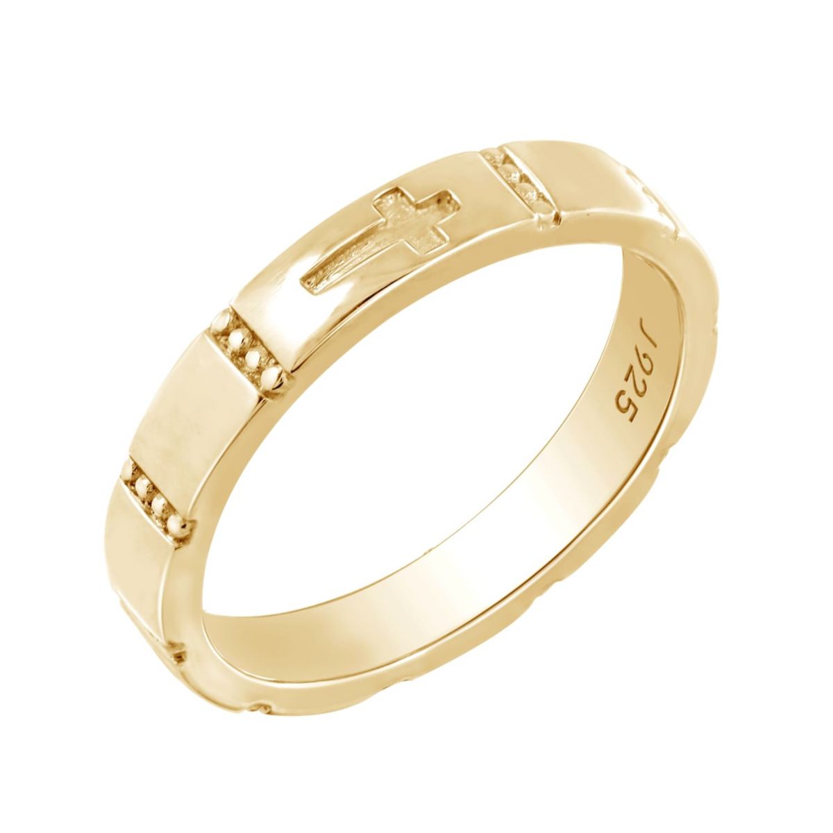 Lab Created 14K Yellow Gold Plated Sterling Silver Religious Carved Cross Band Ring