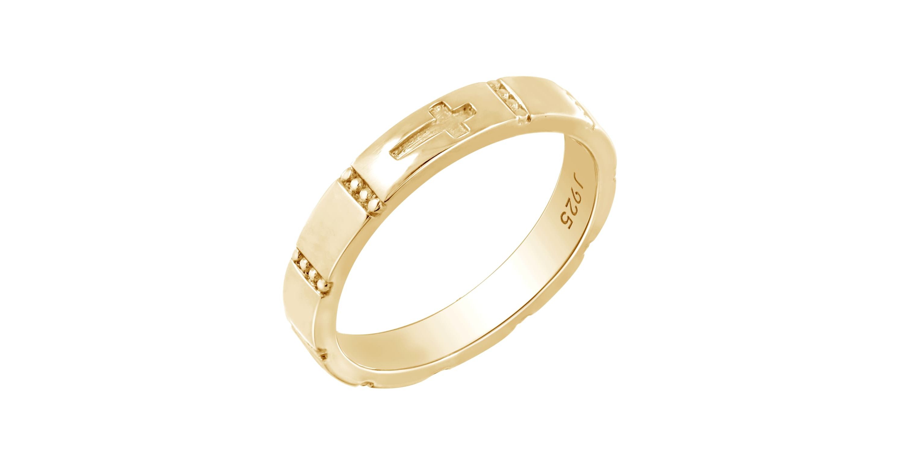 Lab Created 14K Yellow Gold Plated Sterling Silver Religious Carved Cross Band Ring