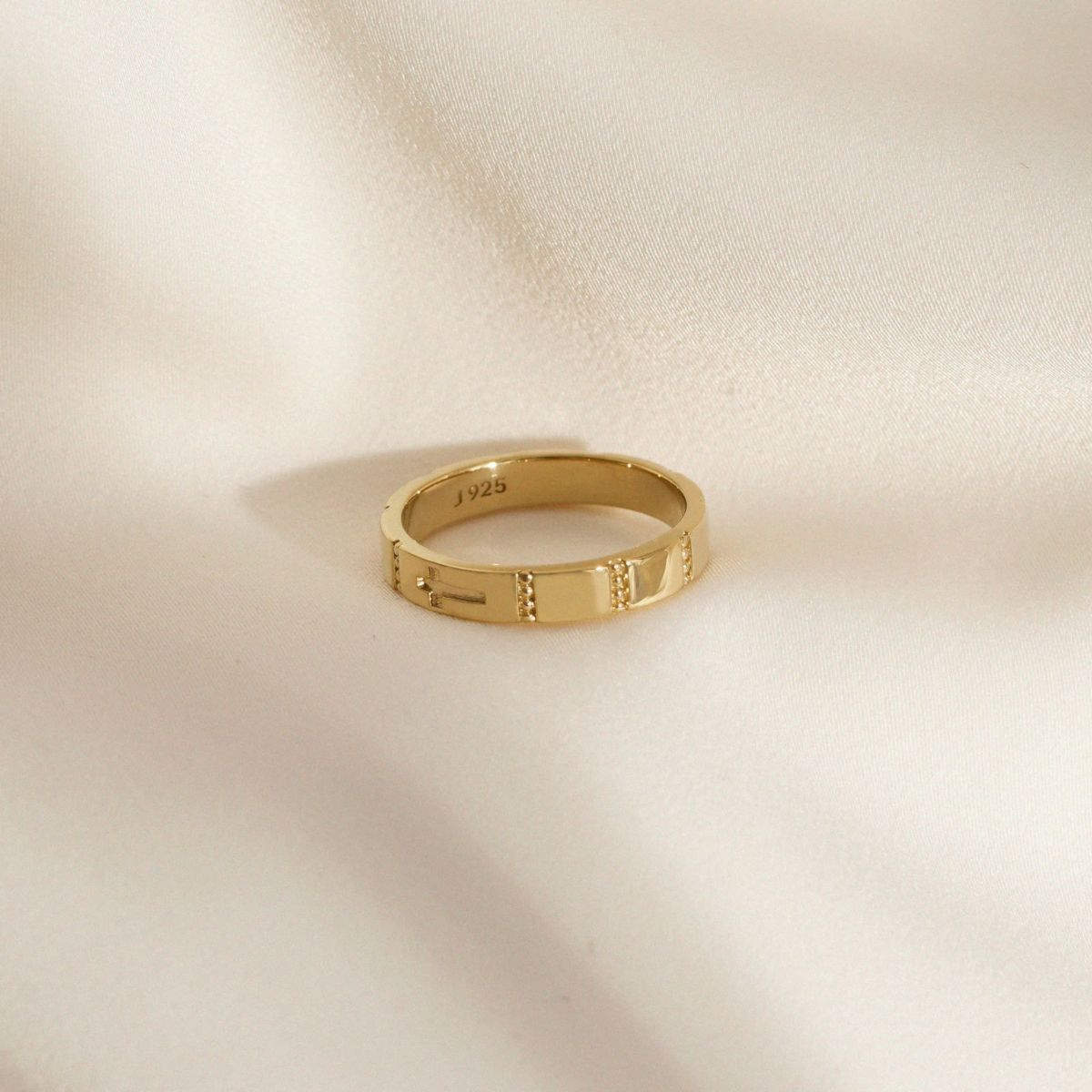 Lab Created 14K Yellow Gold Plated Sterling Silver Religious Carved Cross Band Ring