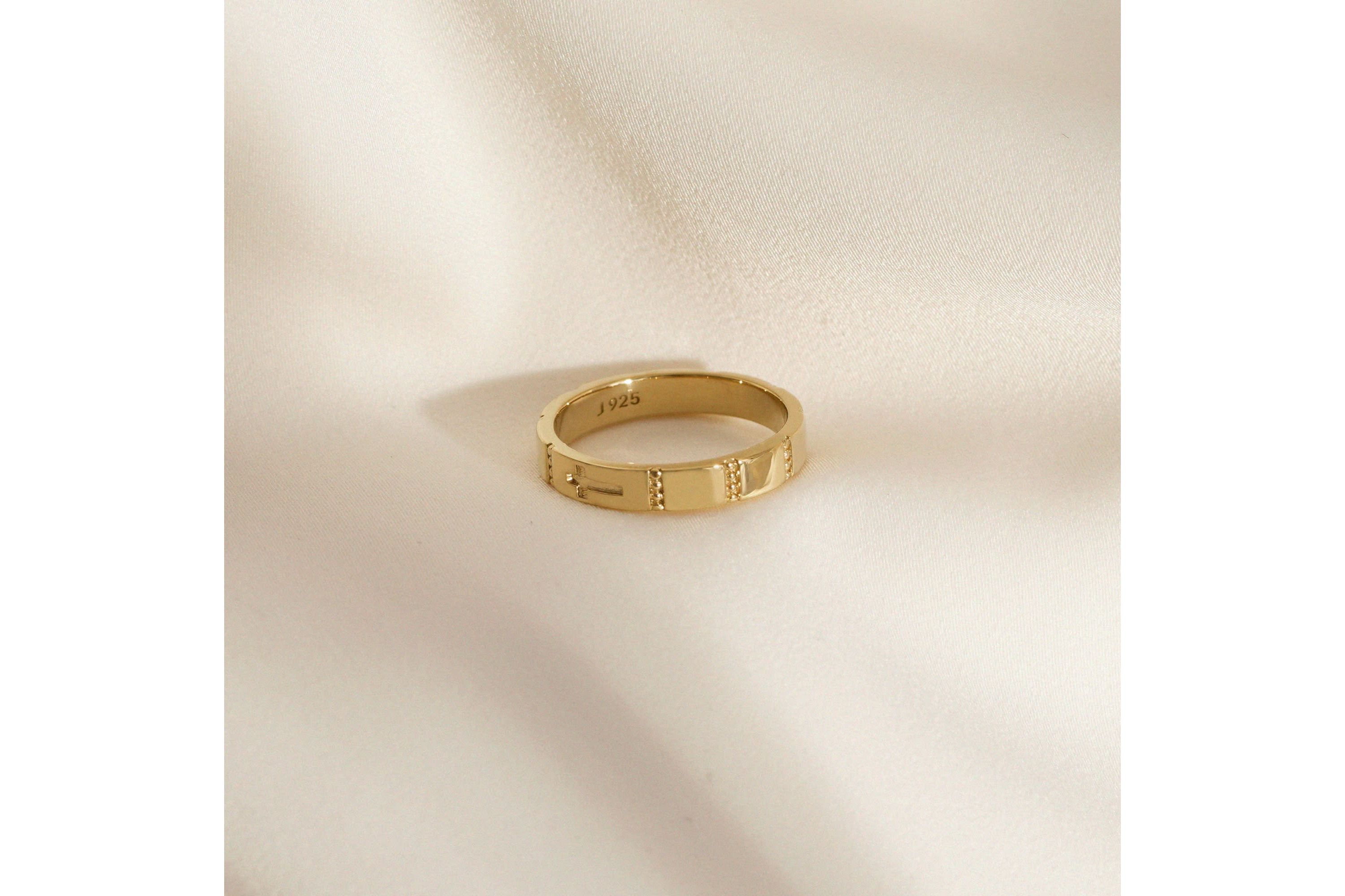 Lab Created 14K Yellow Gold Plated Sterling Silver Religious Carved Cross Band Ring