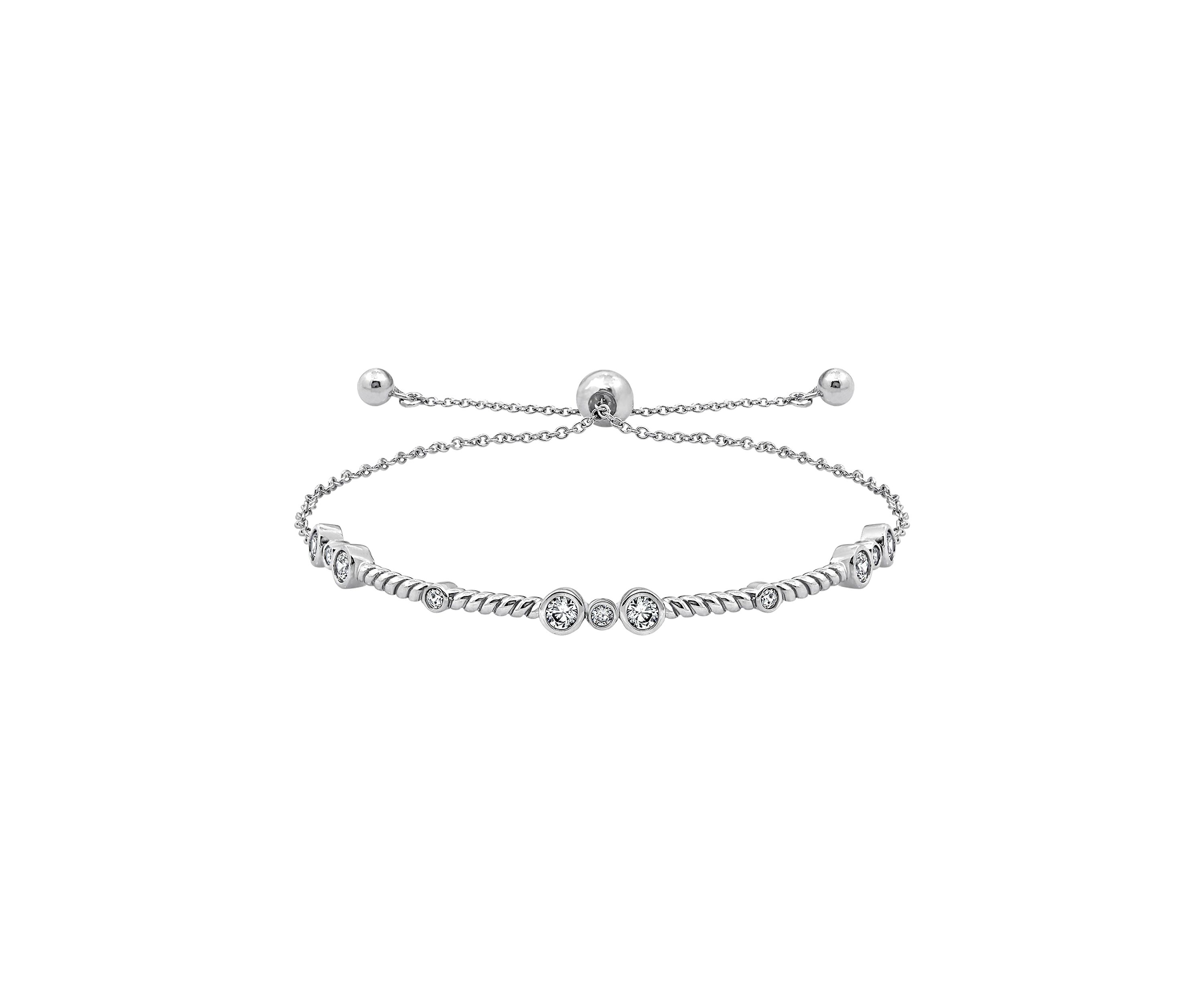 Platinum Plated Sterling Silver 1 ct. t.w. Round Cut Cubic Zirconia Flower Rope Half Bar Bolo Bracelet