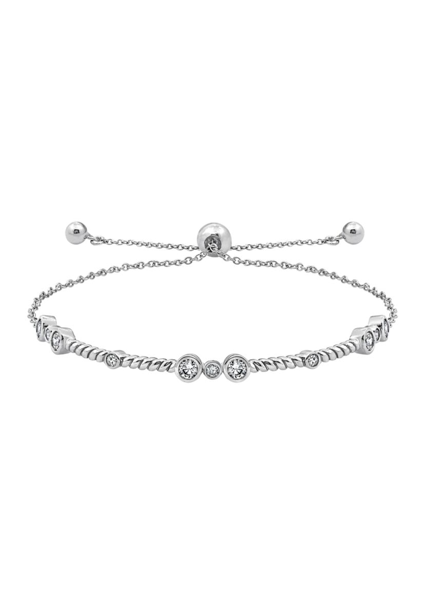 Platinum Plated Sterling Silver 1 ct. t.w. Round Cut Cubic Zirconia Flower Rope Half Bar Bolo Bracelet