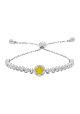J'admire Platinum Plated Sterling Silver Yellow Enamel Star Bezel Round Cubic Zirconia Half Tennis Bolo Bracelet