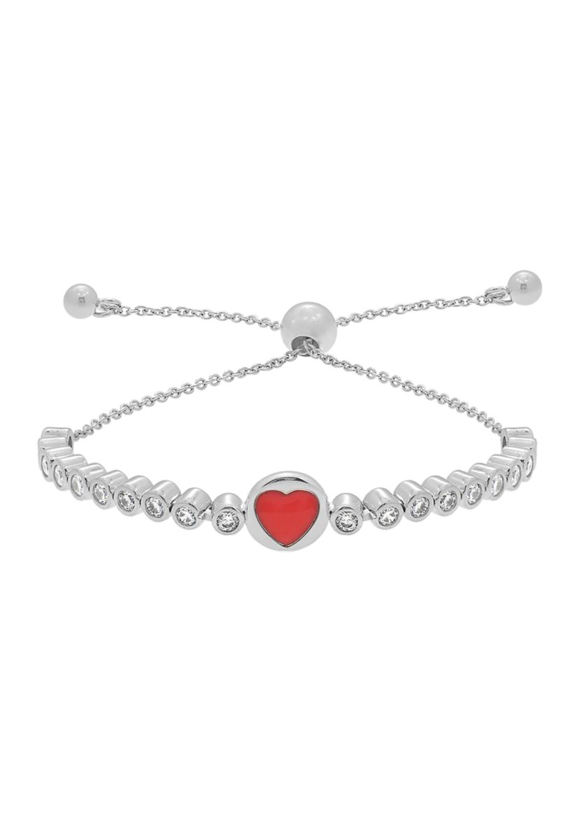 Platinum Plated Sterling Silver Pink Enamel Heart Bezel Round Cubic Zirconia Half Tennis Bolo Bracelet