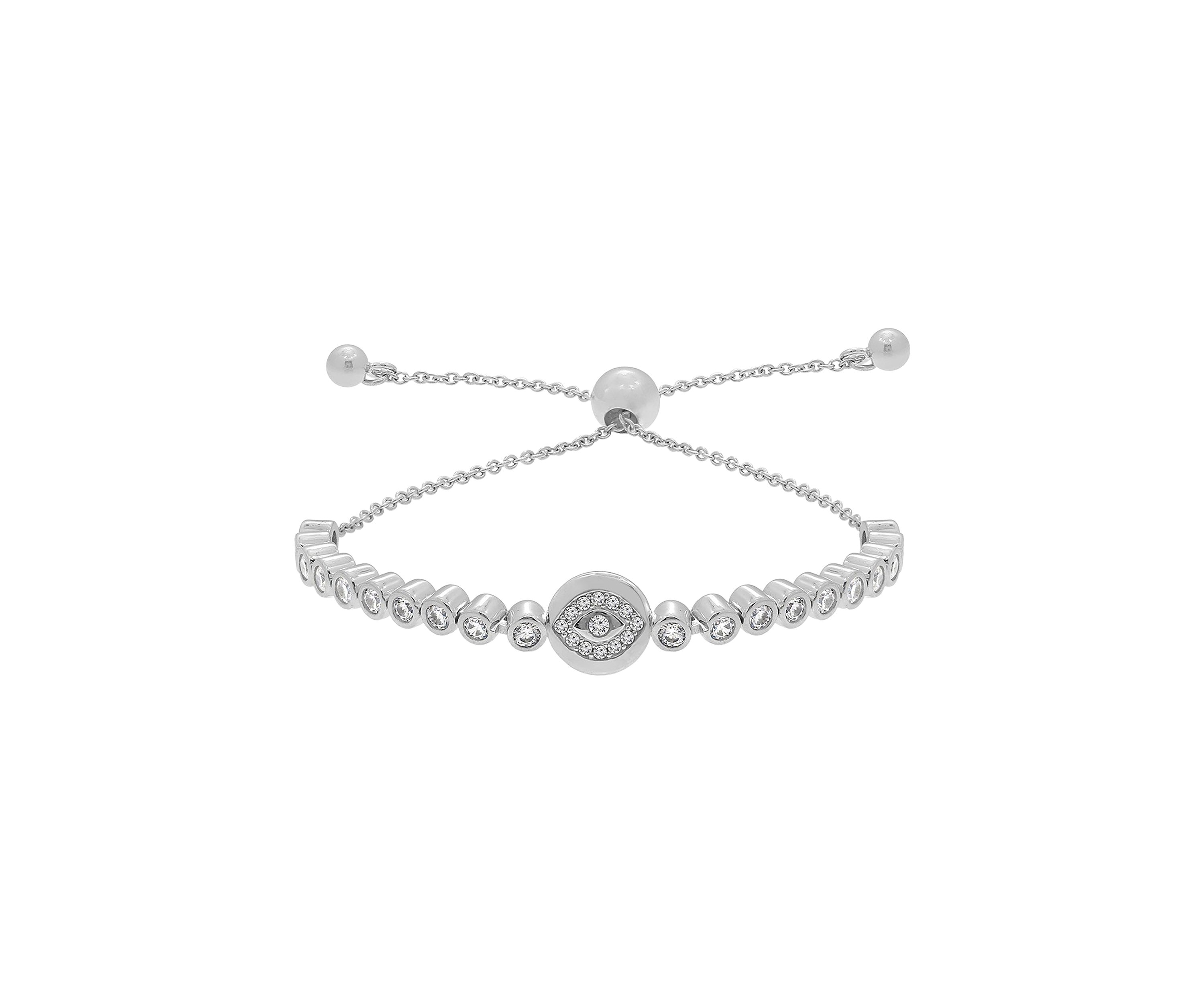 Platinum Plated Sterling Silver Bezel Round Cubic Zirconia Pavé Evil Eye Half Tennis Bolo Bracelet