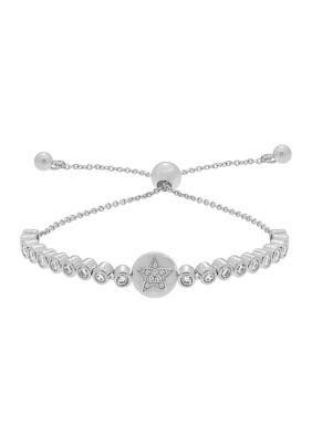 J'admire Platinum Plated Sterling Silver Bezel Round Cubic Zirconia Pavé Star Half Tennis Bolo Bracelet
