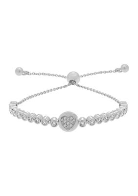 J'admire Platinum Plated Sterling Silver Bezel Round Cubic Zirconia Pavé Heart Half Tennis Bolo Bracelet