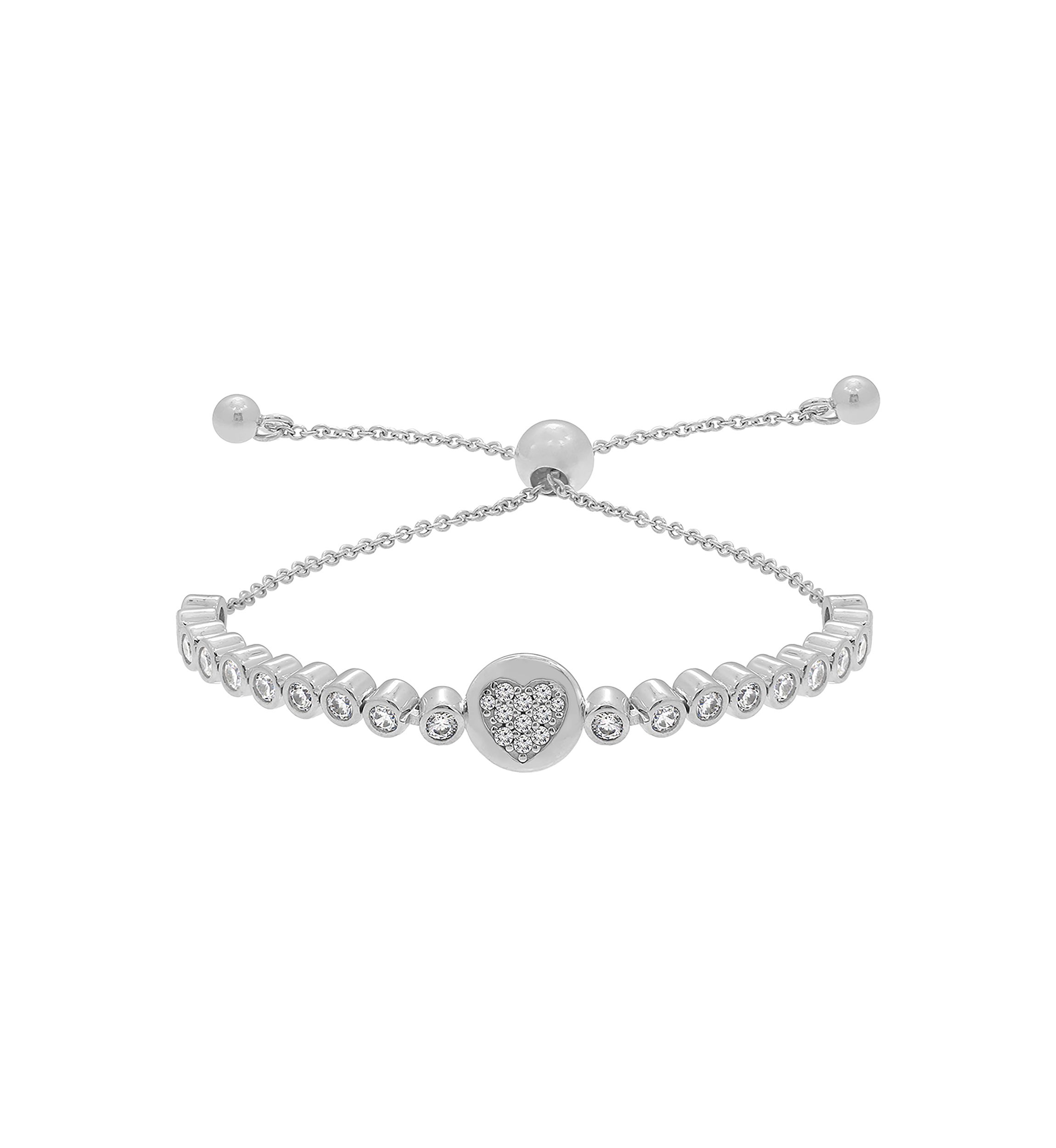 Platinum Plated Sterling Silver Bezel Round Cubic Zirconia Pavé Heart Half Tennis Bolo Bracelet