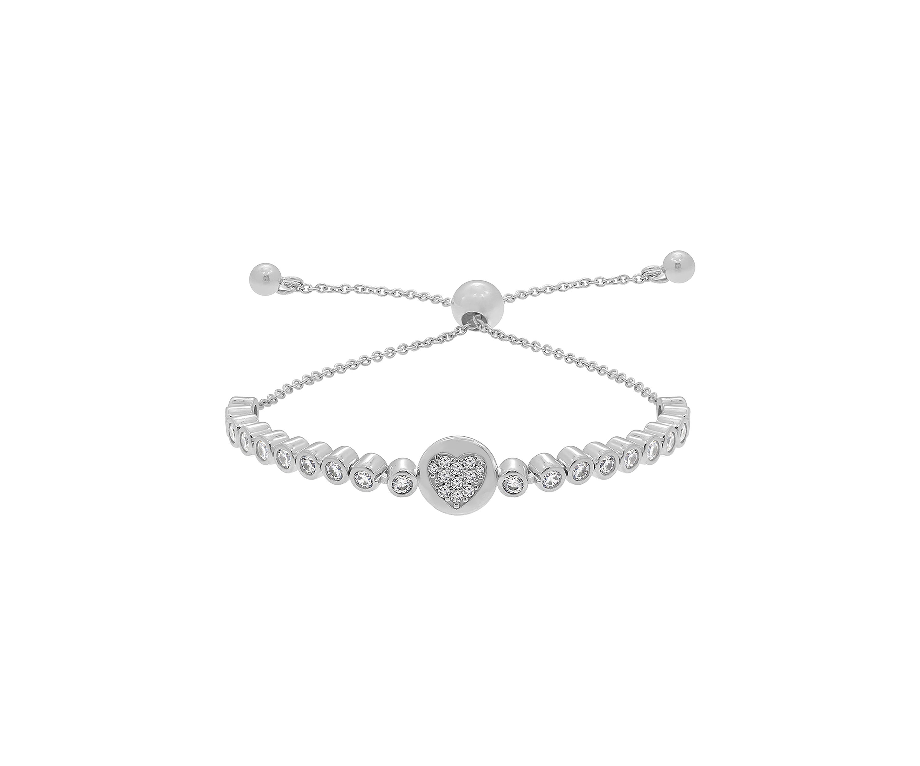 Platinum Plated Sterling Silver Bezel Round Cubic Zirconia Pavé Heart Half Tennis Bolo Bracelet