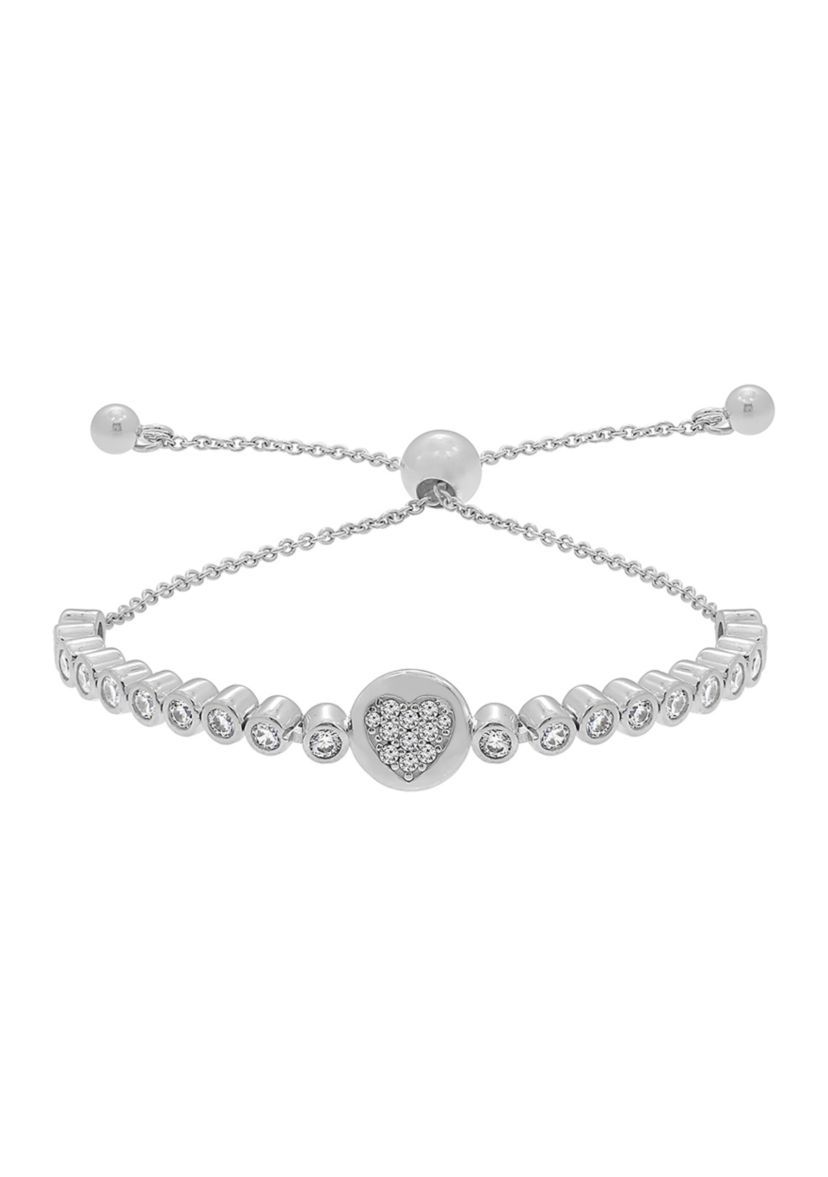 Platinum Plated Sterling Silver Bezel Round Cubic Zirconia Pavé Heart Half Tennis Bolo Bracelet